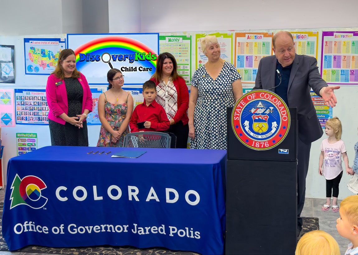 On May 23, 2023, Governor Polis answers questions at Discovery Kids to make child care more affordable for Colorado families